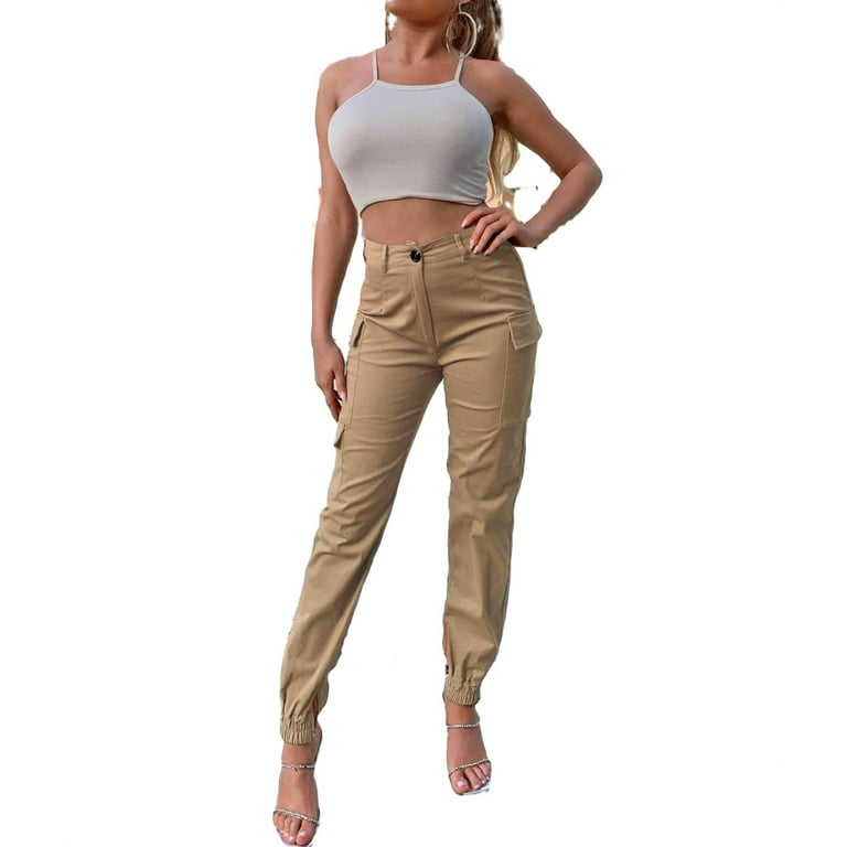 Womens Cargo Pants Pants Casual Zipper Fly High Waist Khaki M