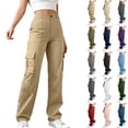 thumbnail image 1 of Womens Cargo Pants Solid Color Pants for Women With Elastic Waist Casual Womens Wide Leg Pants Clothes Womens Pants with Pockets Khaki-XXL, 1 of 9