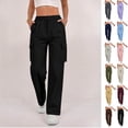 thumbnail image 1 of Womens Cargo Pants Solid Color Womens Wide Leg Pants Stretch Belt Long Pants for Women String Button Womens Pants with Pockets Trousers Womens Pants Black Black-L, 1 of 9