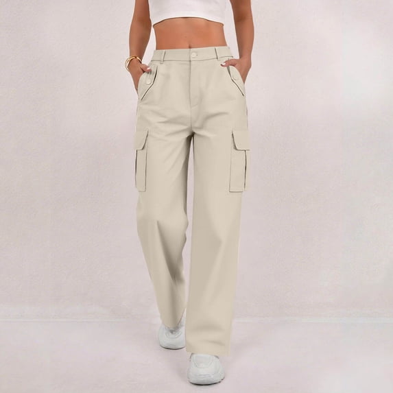 Womens Cargo Pants Solid Color Womens Wide Leg Pants Stretch Belt Long Pants for Women String Button Womens Pants with Pockets Trousers Beige-XXL