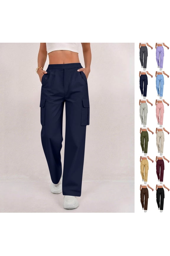 Womens Cargo Pants Solid Color Womens Wide Leg Pants Stretch Belt Long Pants for Women String Button Womens Pants with Pockets Trousers Navy-S