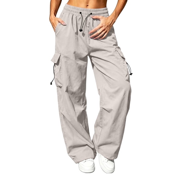 Womens Cargo Pants Wide Leg High Waist Trousers with Multi Pocket Lightweight Casual Baggy Pants Y2k Beige 4XL