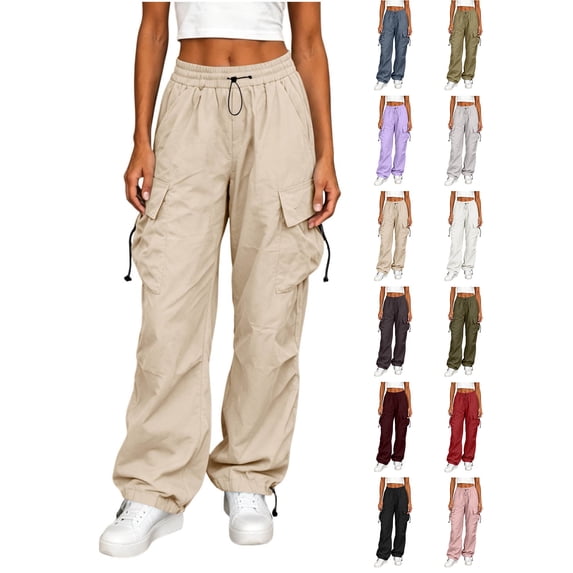 Womens Cargo Pants With Pockets Women Fashion Workwear Casual Pants Loose Straight-leg Big Pockets Adjustable Cuffs Long Pants Beige XS
