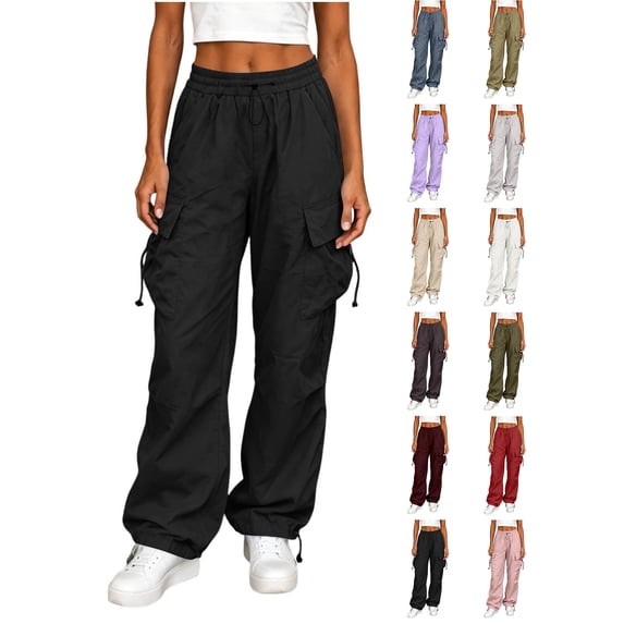 Womens Cargo Pants With Pockets Women Fashion Workwear Casual Pants Loose Straight-leg Big Pockets Adjustable Cuffs Long Pants Black M