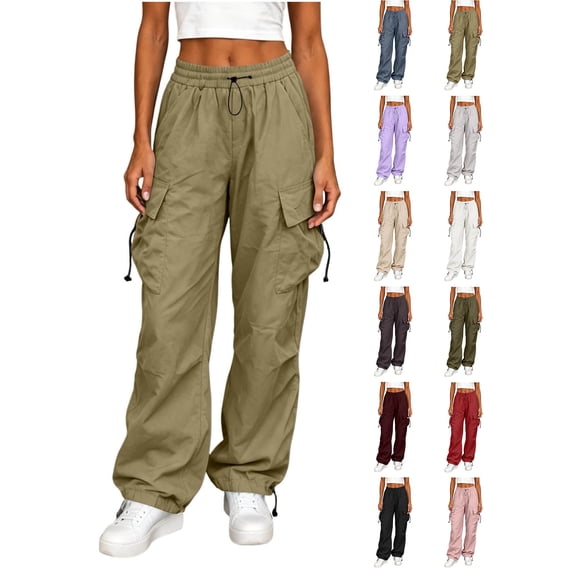 Womens Cargo Pants With Pockets Women Fashion Workwear Casual Pants Loose Straight-leg Big Pockets Adjustable Cuffs Long Pants Khaki L