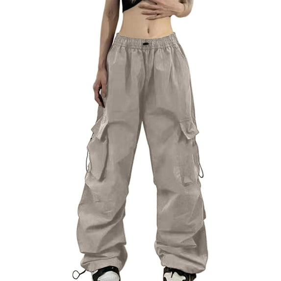 Womens Cargo Pants With Pockets Womens Summer Cargo Parachute Pants Loose Fit Baggy Pocket Street Style Cargo Sweatpants Beige L