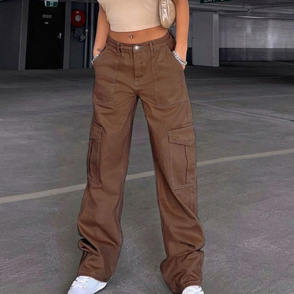 Womens Cargo Pants With Pockets Y2K Fashion Streetwear Straight Wide Leg Trousers Brown Small