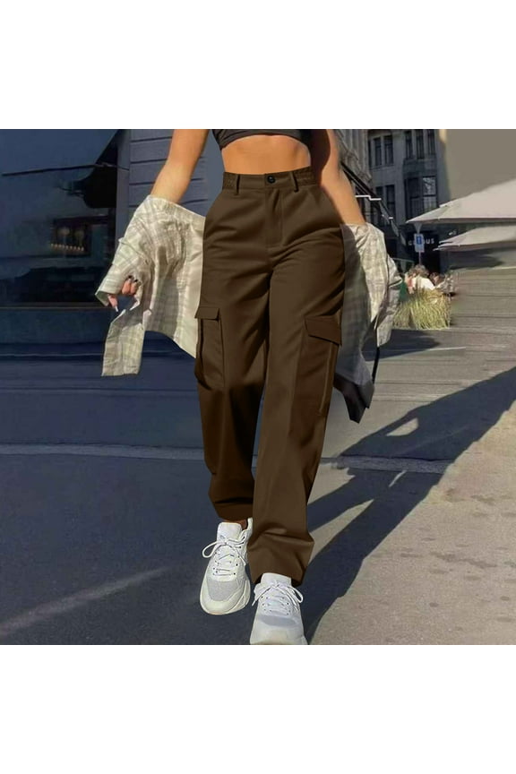 Womens Cargo Pants Women Sweatpants Oversize Women'S Solid-Color Casual Straight-Button Pocket Work Pants Brown XXXXL