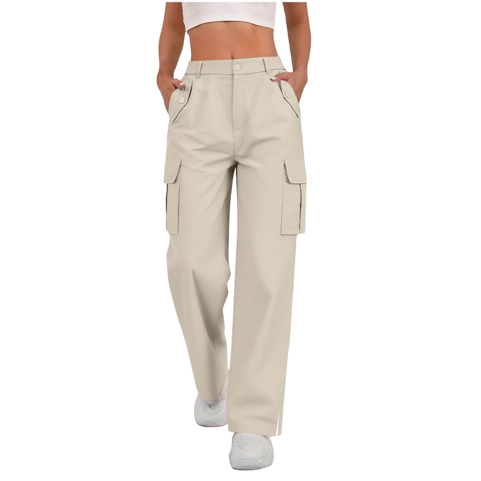 Womens Cargo Pants for Work Office High Waisted Chinos Pants Stretch Flat Front Elastic Back Straight Leg Dress Pants Button Closure