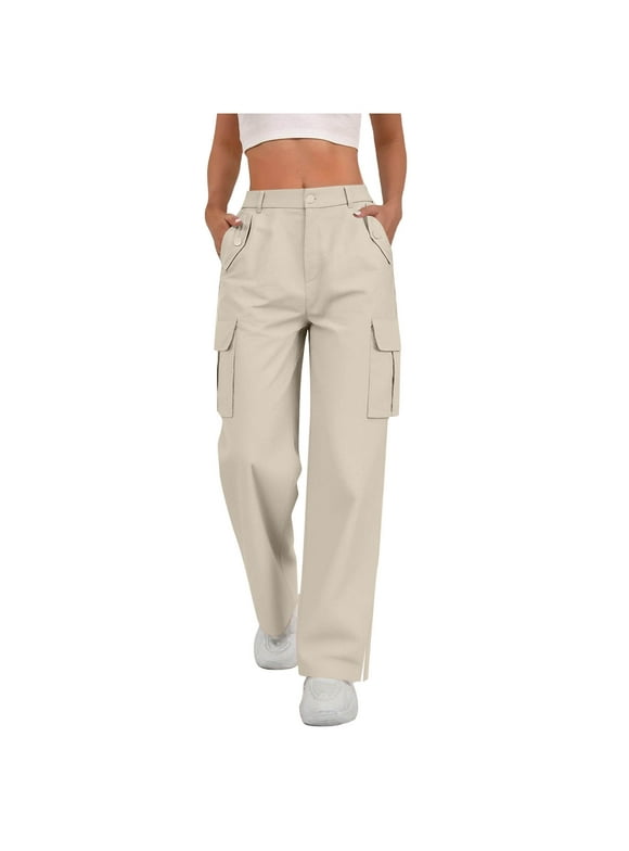 Womens Cargo Pants for Work Office High Waisted Chinos Pants Stretch Flat Front Elastic Back Straight Leg Dress Pants Button Closure