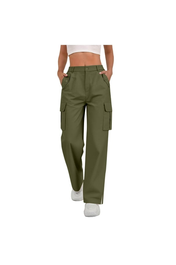 Womens Cargo Pants for Work Office High Waisted Chinos Pants Stretch Flat Front Elastic Back Straight Leg Dress Pants Button Closure