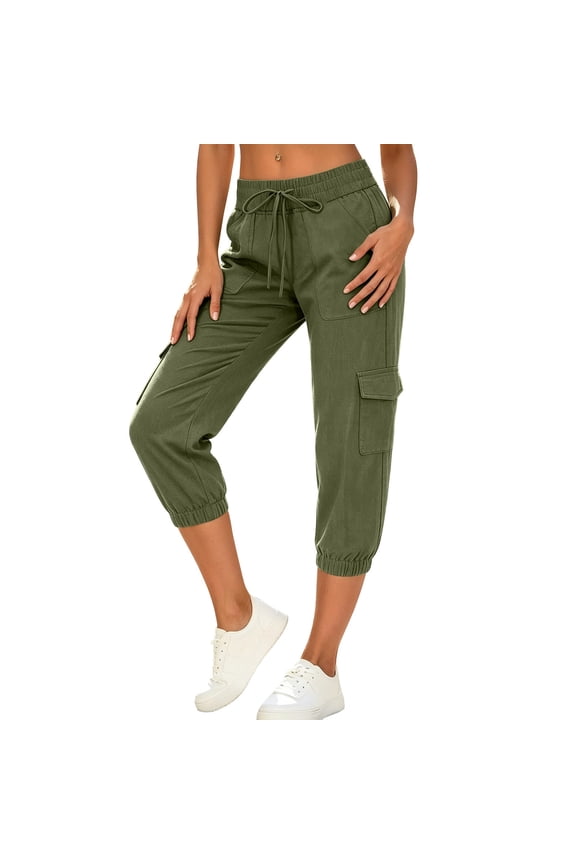 Womens Cargo Pants with Multi-Pockets,Athletic Capri Pant Stretchy Elastic Waist Carpenter Trouser with Pockets