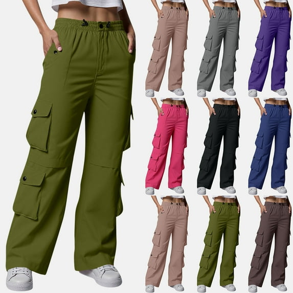 Womens Cargo Pants with Pocket Plus Size Women Solid Color With Elastic Waist Casual Clothes Pockets Full Length Pants Brown XXL