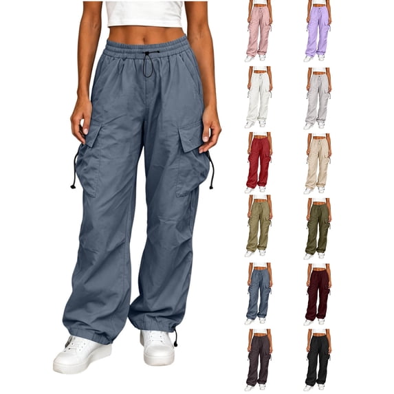 Womens Cargo Pants with Pockets Zaewscy Women Fashion Workwear Casual Pants Loose Straight-leg Big Pockets Adjustable Cuffs Long Pants Dark Gray XS