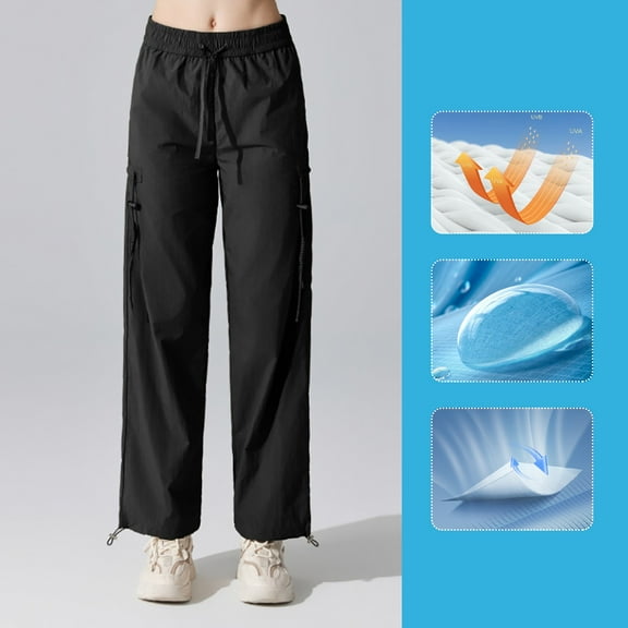 Womens Cargo Parachute Pants High Waisted Waterproof Hiking Pants with Side Pockets (Black M)