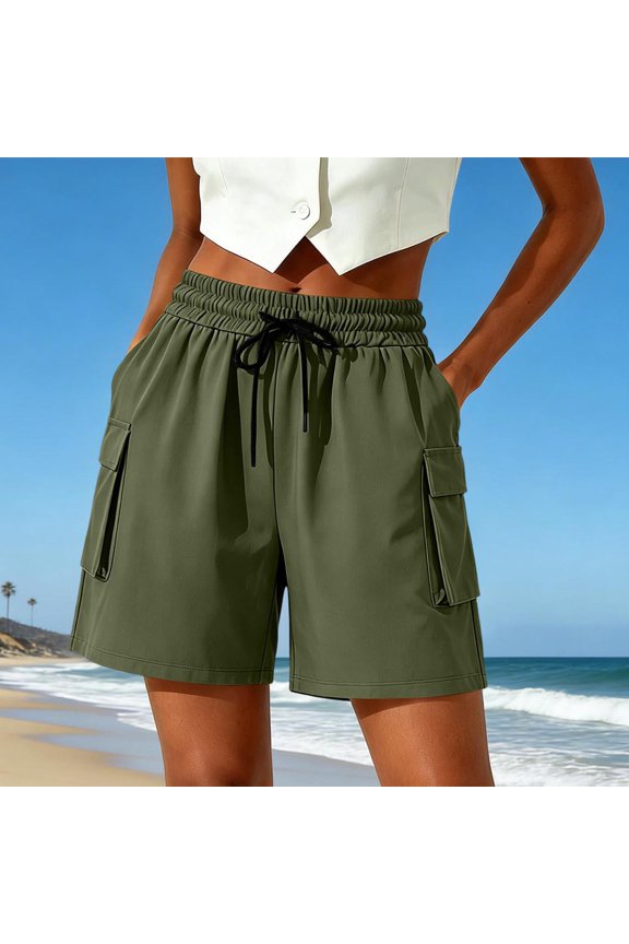 Womens Cargo Shorts Casual Hiking Mid Rise Drawstring Elastic Waisted Straight Leg Going Out Short for Women with Pockets