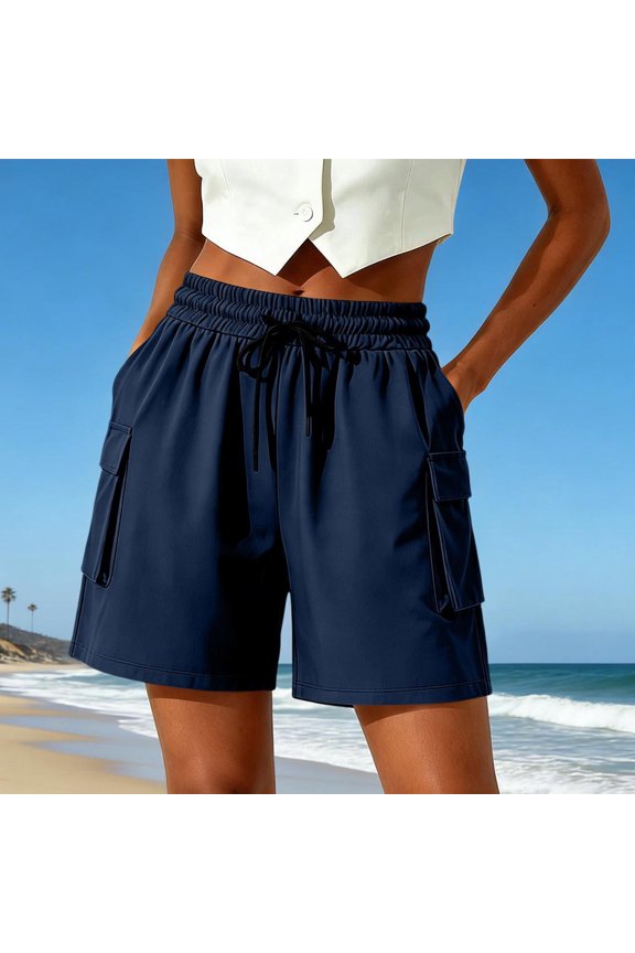 Womens Cargo Shorts Casual Hiking Mid Rise Drawstring Elastic Waisted Straight Leg Going Out Short for Women with Pockets
