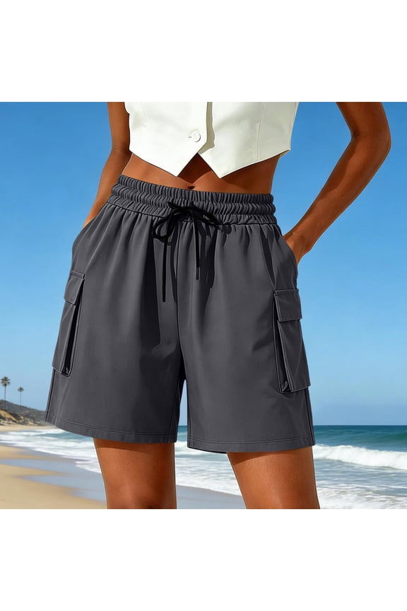Womens Cargo Shorts Casual Hiking Mid Rise Drawstring Elastic Waisted Straight Leg Going Out Short for Women with Pockets