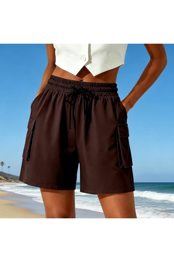 Womens Cargo Shorts Casual Hiking Mid Rise Drawstring Elastic Waisted Straight Leg Going Out Short for Women with Pockets