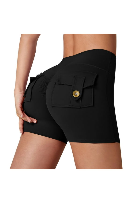 Womens Cargo Shorts, Comdrip Scrunch Workout Shorts with Pockets Charm Gym Biker Shorts for Women High Waisted Yoga Booty Shorts Workout Shorts Black M