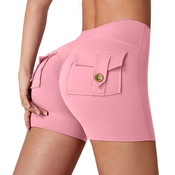 Womens Cargo Shorts, Comdrip Scrunch Workout Shorts with Pockets Charm Gym Biker Shorts for Women High Waisted Yoga Booty Shorts Workout Shorts Pink L