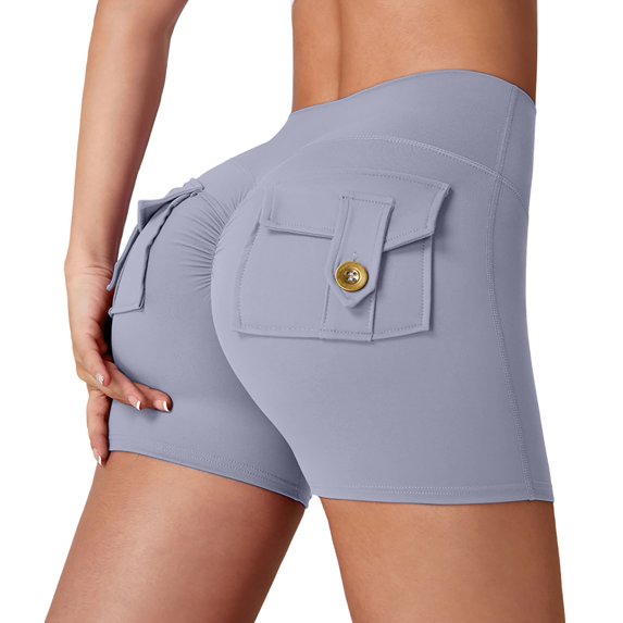 Womens Cargo Shorts, Comdrip Scrunch Workout Shorts with Pockets Charm Gym Biker Shorts for Women High Waisted Yoga Booty Shorts Workout Shorts Purple L