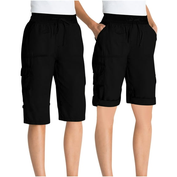 Womens Cargo Shorts Drawstring Knee Length Bermuda Shorts Comfy Outdoor Casual Summer Capris with Multi Pockets