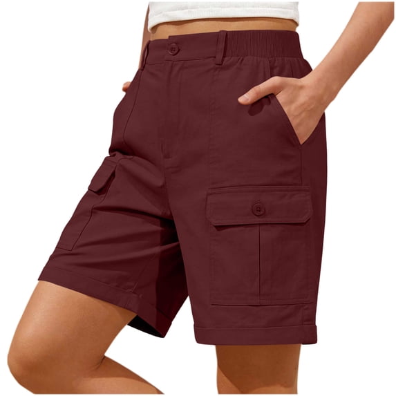 Womens Cargo Shorts Elastic Mid Waisted Straight Leg Pull On Summer Bermuda Shorts for Women with Multi-Pockets & Button 4th of July