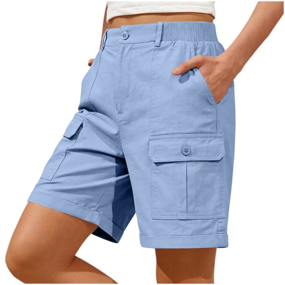 Womens Cargo Shorts Elastic Mid Waisted Straight Leg Pull On Summer Bermuda Shorts for Women with Multi-Pockets & Button 4th of July