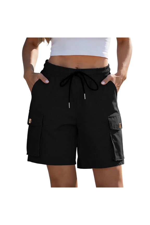 Womens Cargo Shorts Elastic Waist Drawstring Shorts Loose Hiking with Button Pockets Black M