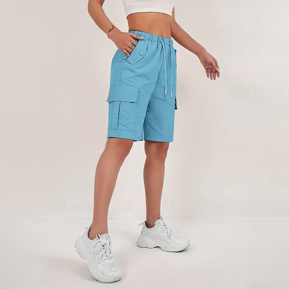 Womens Cargo Shorts Elastic Waist Knee Length Bermuda Shorts Summer Outdoor Waterproof Hiking Pants with Pockets Sky Blue 2XL