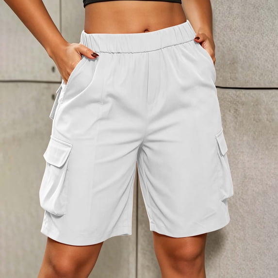 Womens Cargo Shorts Hiking Mid Rise Elastic Waistd Straight Leg Pull On Bermuda Short for Women with Pockets