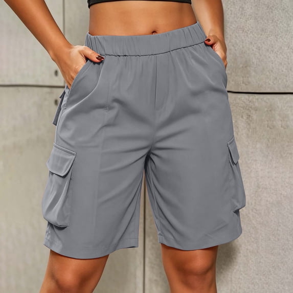Womens Cargo Shorts Hiking Mid Rise Elastic Waistd Straight Leg Pull On Bermuda Short for Women with Pockets