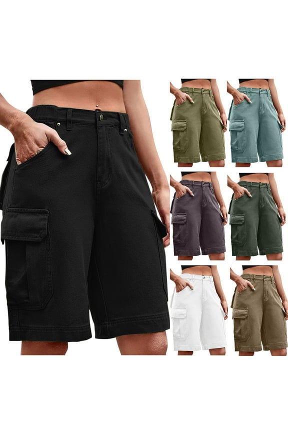 Womens Cargo Shorts Summer Bermuda Short with Multiple Pockets Casual Button Zipper Baggy Half Pants Straight-Leg Lounge Knee Length Trousers for Outdoor