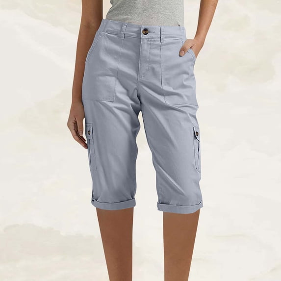 Womens Cargo Shorts with Multi Pockets Knee Length Straight Leg Elastic Mid Waisted Hiking Bermuda Short for Women