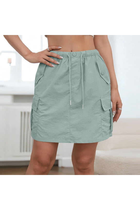 Womens Cargo Skirt -Fashion Cargo Skort with 4 Pockets Drawstring Stretchy Summer Boho Skirts Golf Travel Hiking Skorts for Women Daily Wear 10-Light Green S