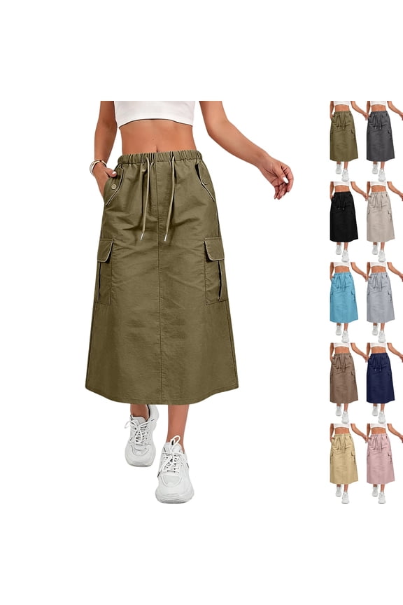 Womens Cargo Skirt High Waisted Drawstring Quick Dry Maxi Skirt Trendy A Line Long Skirts Summer,Army Green,S