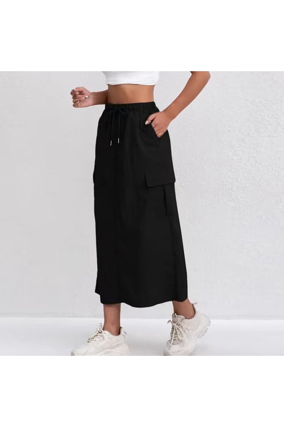 Womens Cargo Skirt High Waisted Drawstring Quick Dry Maxi Skirt Trendy Back Slit A Line Long Skirts Summer Skirts Black L
