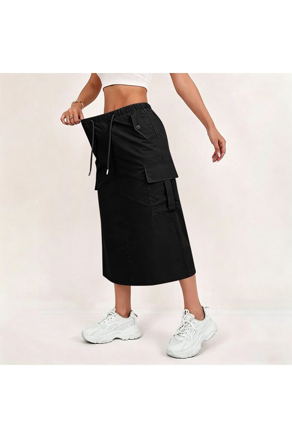 Womens Cargo Skirt High Waisted Drawstring Quick Dry Maxi Skirt Trendy Back Slit A Line Long Skirts Summer Skirts Black L