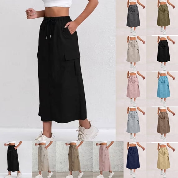 Womens Cargo Skirt High Waisted Drawstring Quick Dry Maxi Skirt Trendy Back Slit A Line Long Skirts Summer Skirts Black S