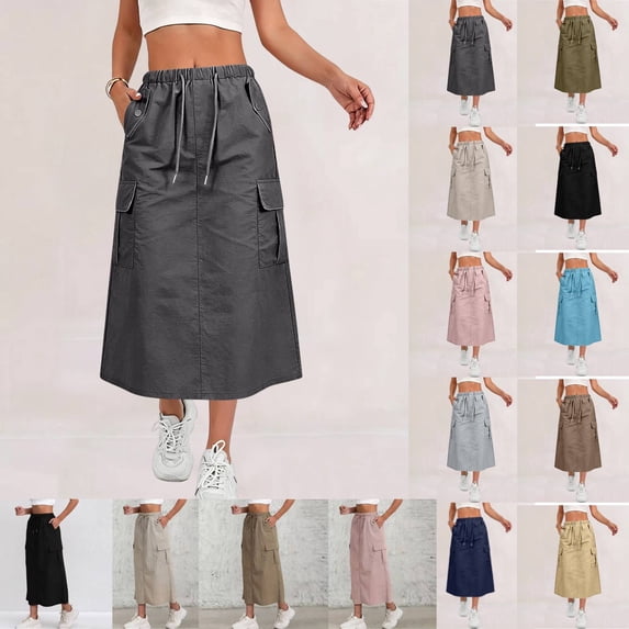 Womens Cargo Skirt High Waisted Drawstring Quick Dry Maxi Skirt Trendy Back Slit A Line Long Skirts Summer Skirts Dark Gray S
