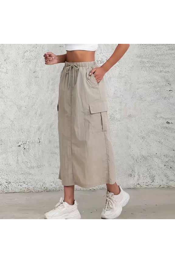 Womens Cargo Skirt High Waisted Drawstring Quick Dry Maxi Skirt Trendy Back Slit A Line Long Skirts Summer Skirts Khaki S