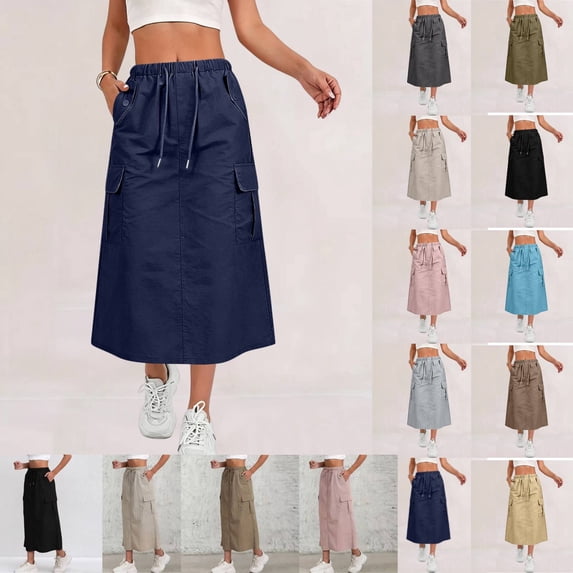 Womens Cargo Skirt High Waisted Drawstring Quick Dry Maxi Skirt Trendy Back Slit A Line Long Skirts Summer Skirts Navy S