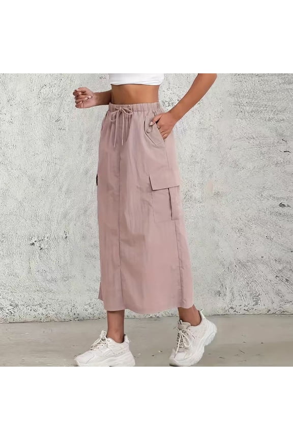 Womens Cargo Skirt High Waisted Drawstring Quick Dry Maxi Skirt Trendy Back Slit A Line Long Skirts Summer Skirts Pink L