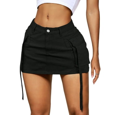 Womens Cargo Skirt Low Waist Button Denim Mini Skirt Summer Y2k Jean Skirt with Flap Pockets