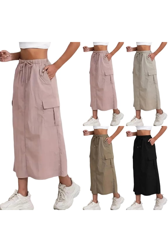 Womens Cargo Skirt Quick Dry A Line Skirt Trendy Maxi Skirts with Pockets High Waisted Back Slit Long Skirts Culottes Camel XL