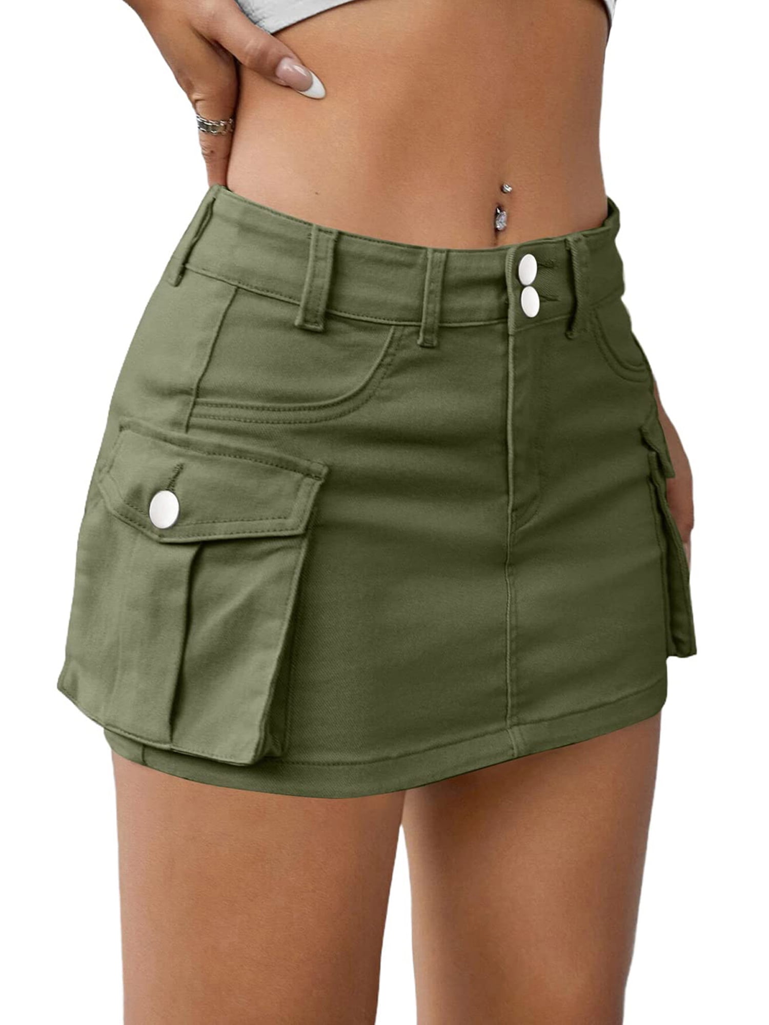 Womens Cargo Skirts Y2K Low Waist Denim Button Bodycon Short Mini