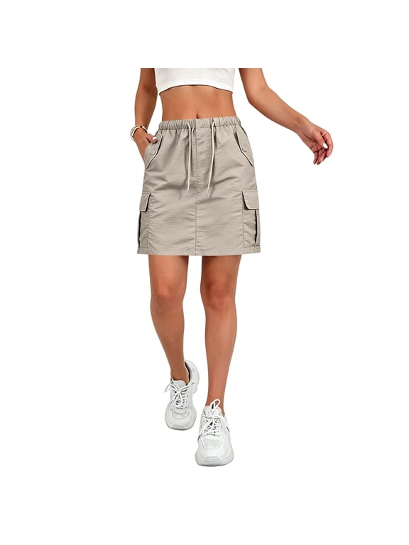 Womens Cargo Skort Skirt Drawstring Stretchy Summer Skirts with 4 Pockets Golf Travel Hiking Skorts L