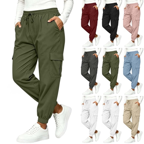 Womens Cargo Sweatpants, Mid Rise Cuffed Ankle Loose Fit, Drawstring Side Pockets Solid Jogger Pants, Fitness & Hiking Wear | VerBelle,Black M