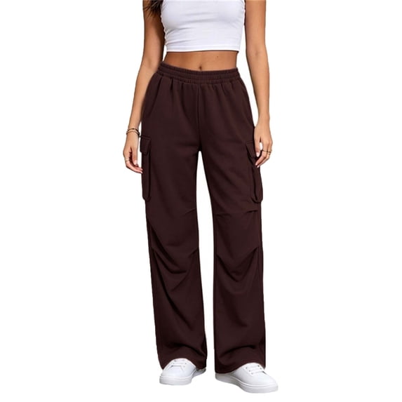 Womens Cargo Sweatpants Ruched High Waisted Sweat Pants Athletic Solid Color Casual Wide Leg Joggers Loose Fall Pants with Pockets